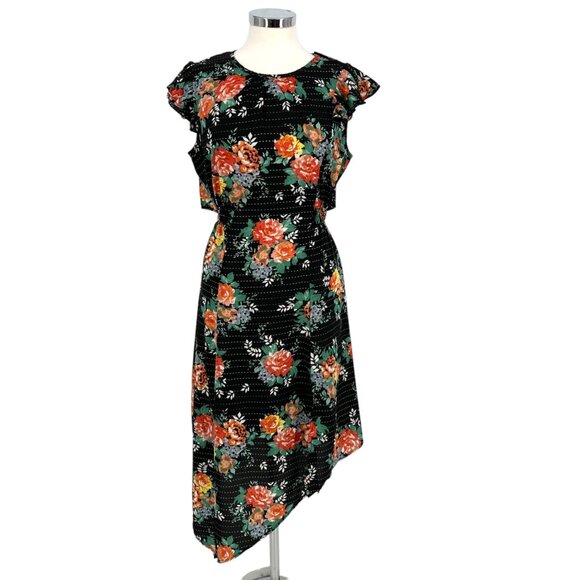 Walter Baker Floral Asymmetric Dress Ruffled Shoulders Black Multi Size Large - Picture 1 of 14